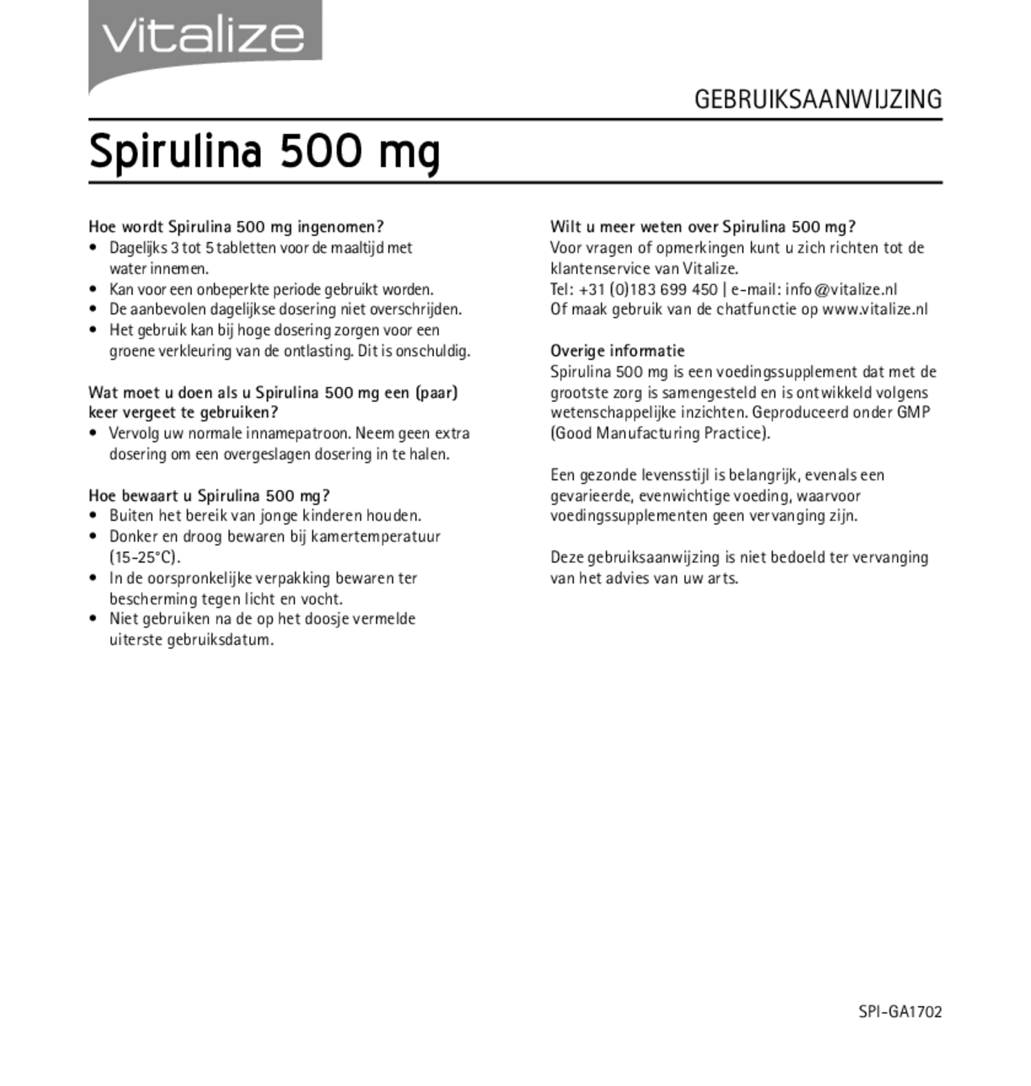 Spirulina 500 mg Tabletten afbeelding van document #2, gebruiksaanwijzing