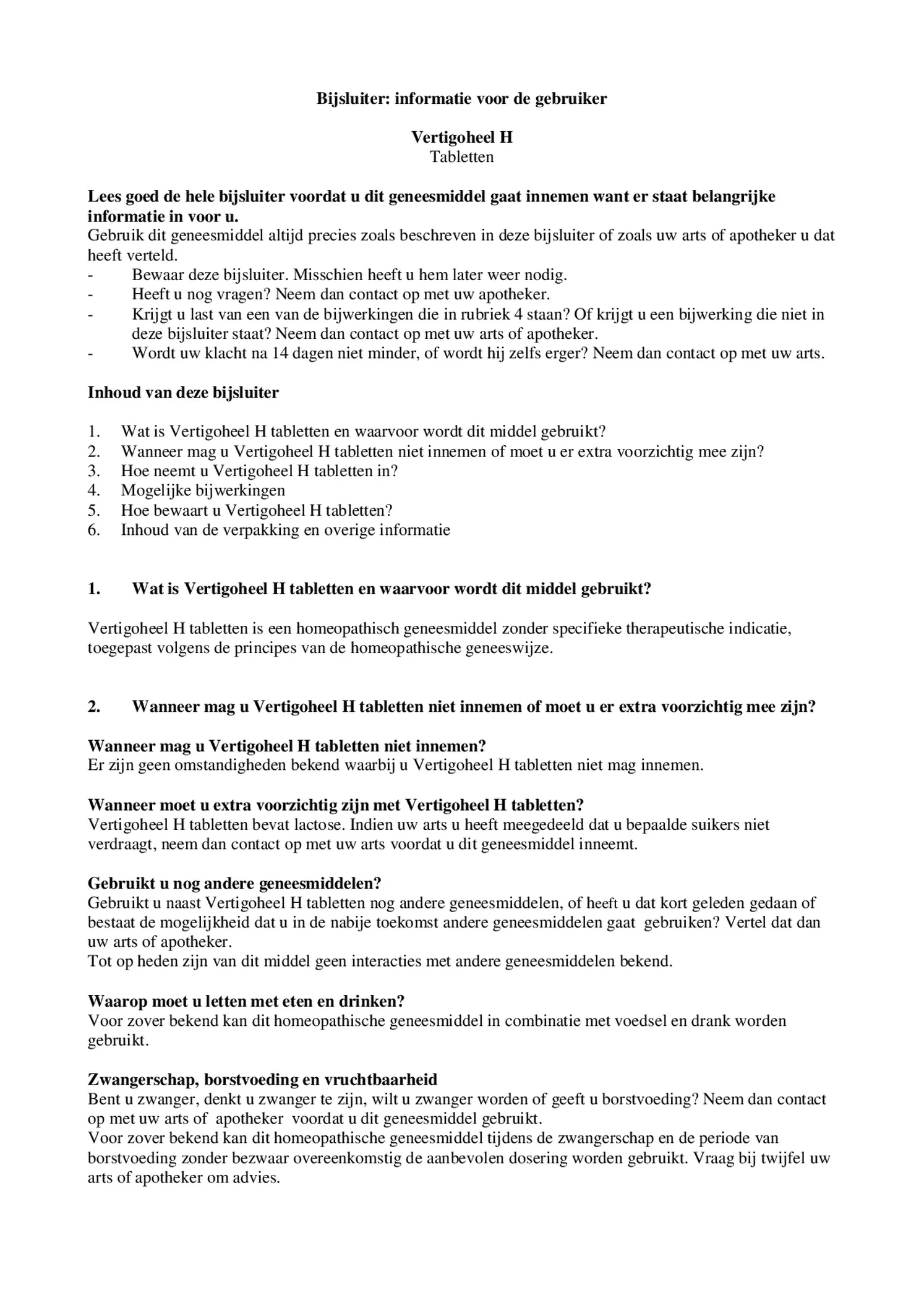 Vertigoheel H Tabletten afbeelding van document #1, bijsluiter