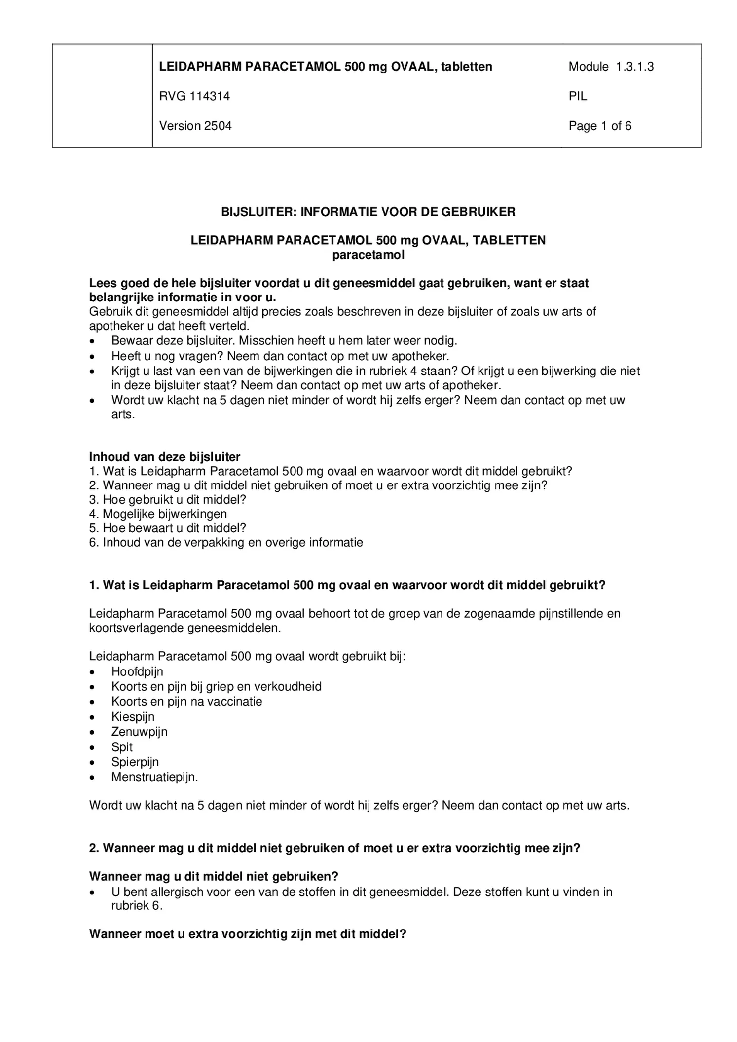 Leida Paracetamol Ovaal 500mg afbeelding van document #1, bijsluiter