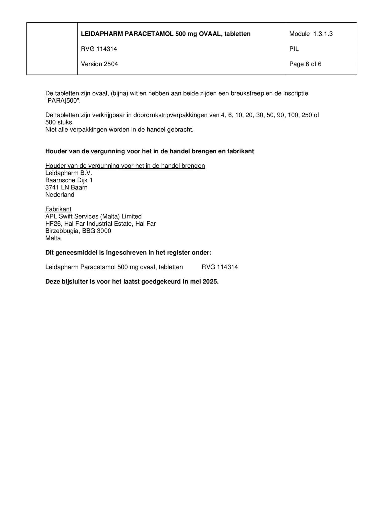 Leida Paracetamol Ovaal 500mg afbeelding van document #6, bijsluiter