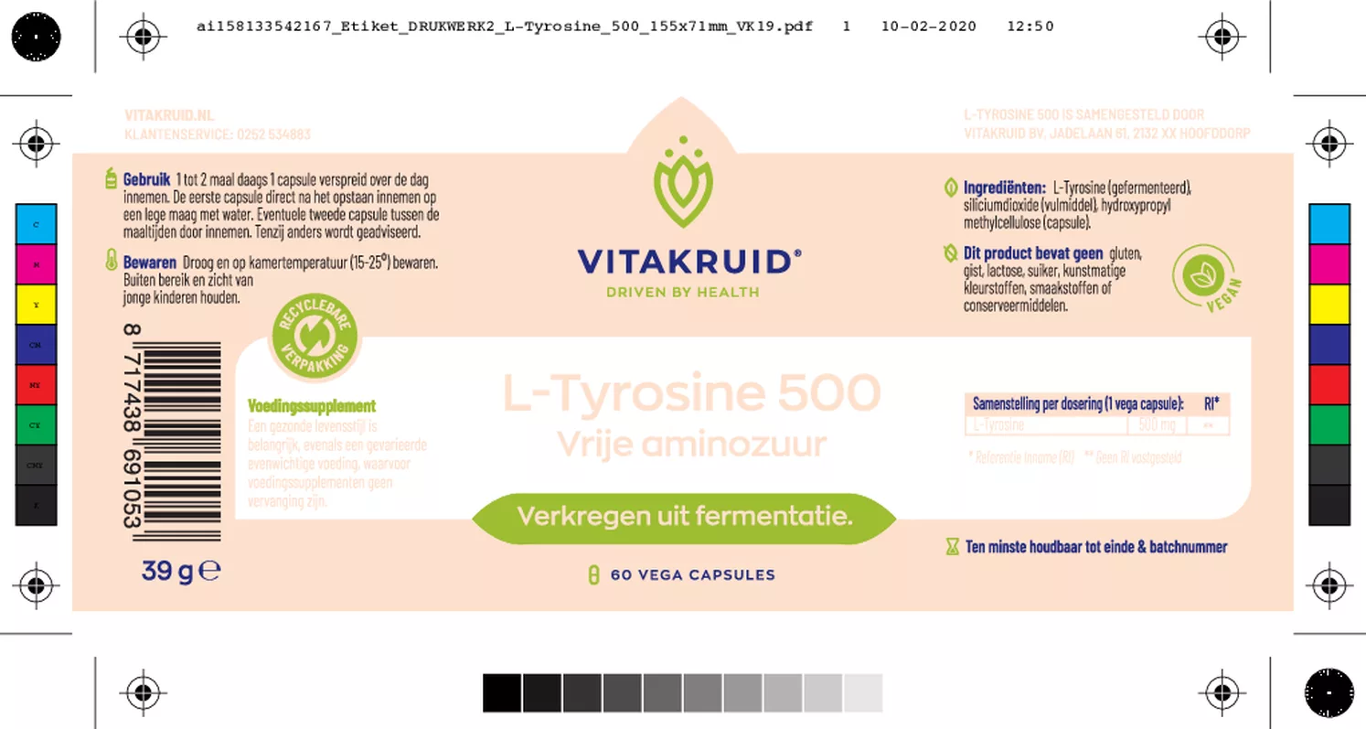 L-Tyrosine 500mg uit fermentatie afbeelding van document #1, etiket