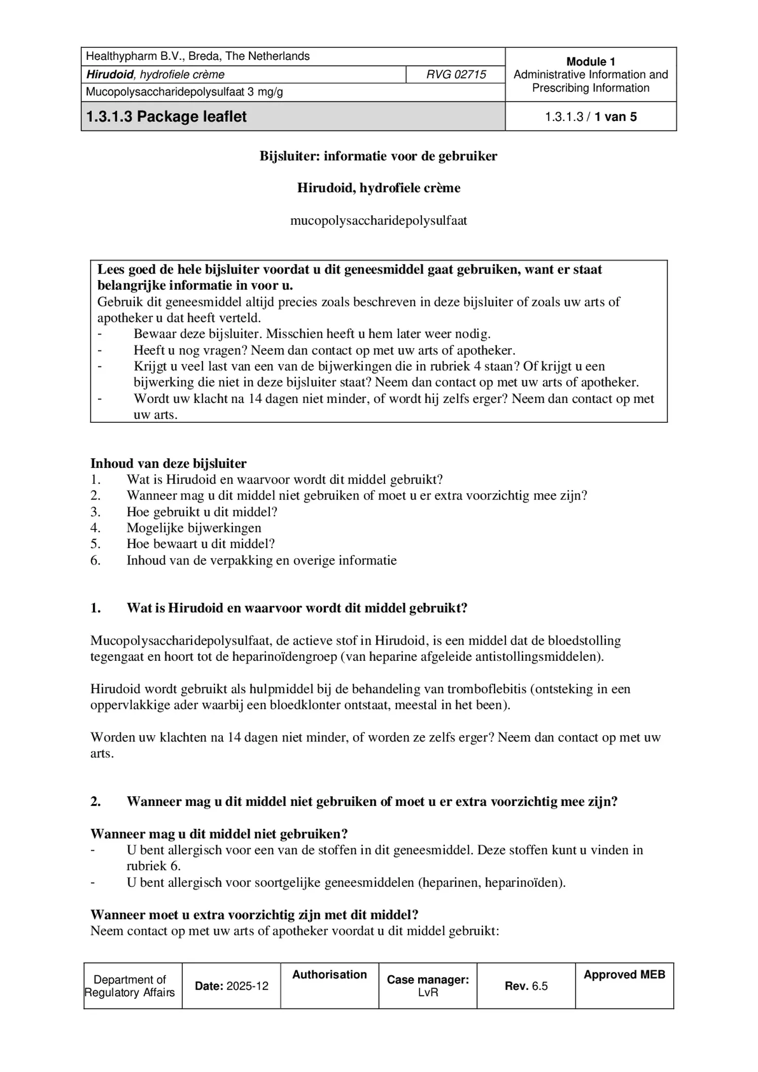 Hirudoid Hydrofiele Crème 3mg afbeelding van document #1, bijsluiter