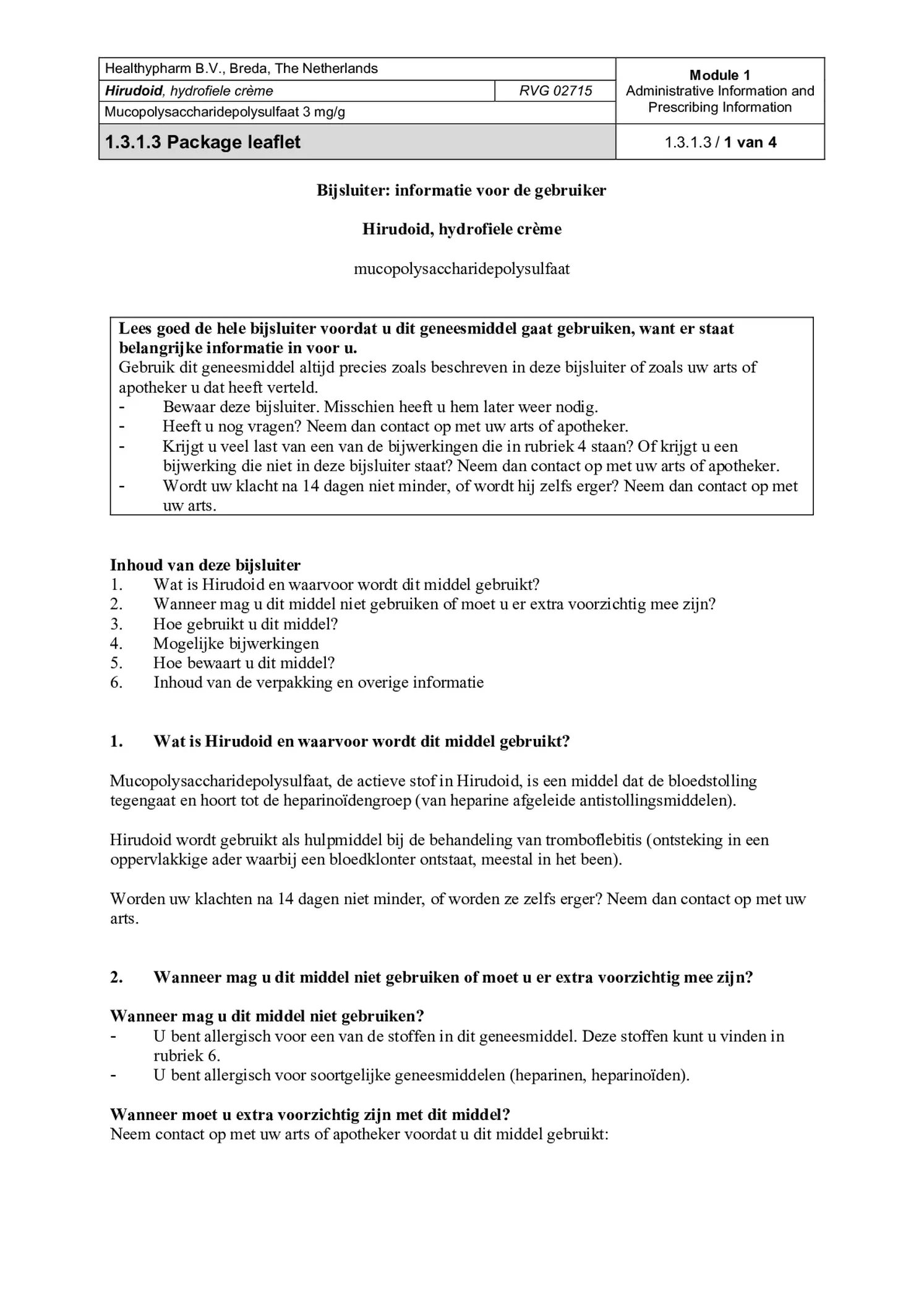 Hirudoid Hydrofiele Crème 3mg afbeelding van document #1, bijsluiter