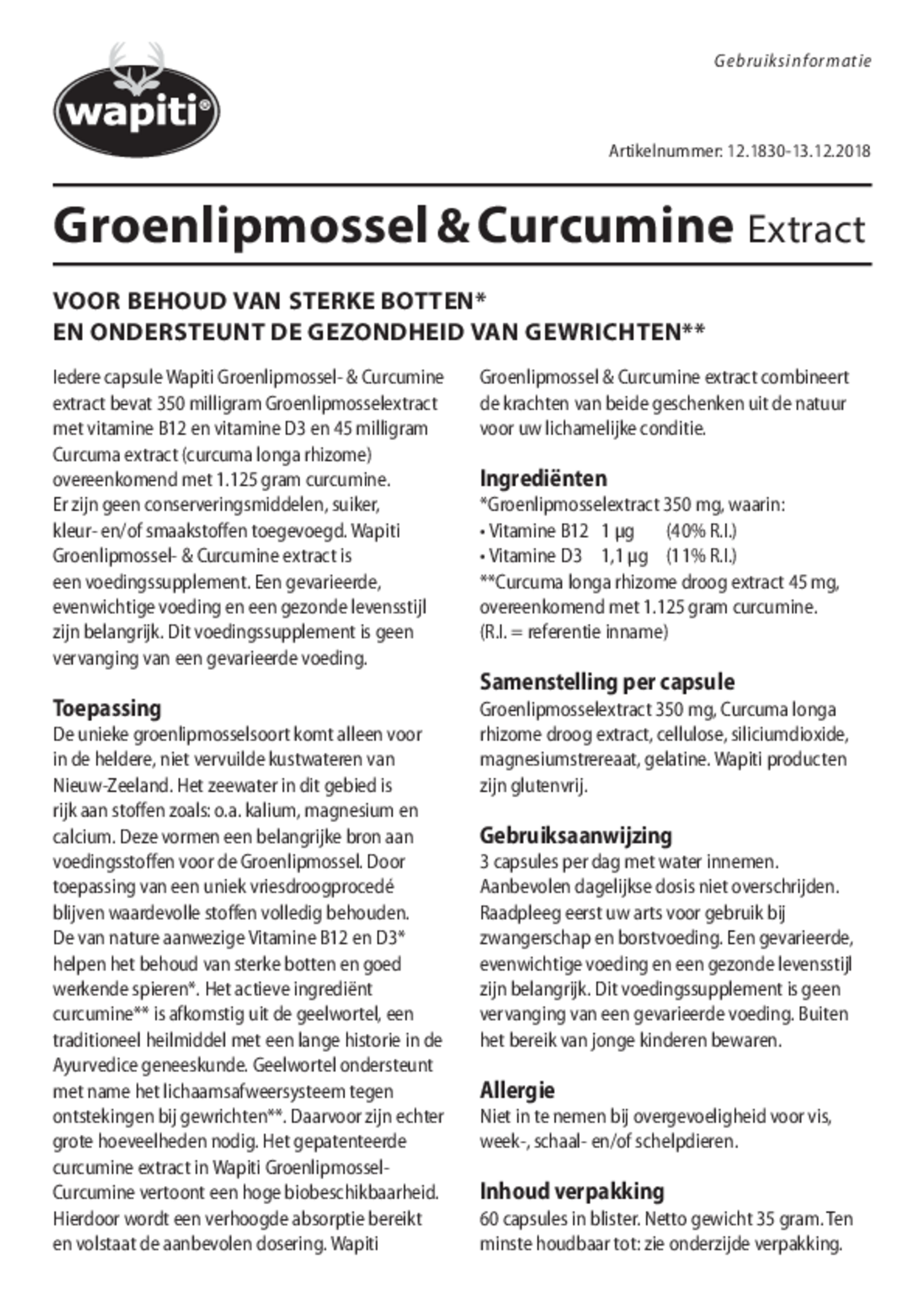 Groenlipmossel & Curcumine Extract Capsules afbeelding van document #1, gebruiksaanwijzing