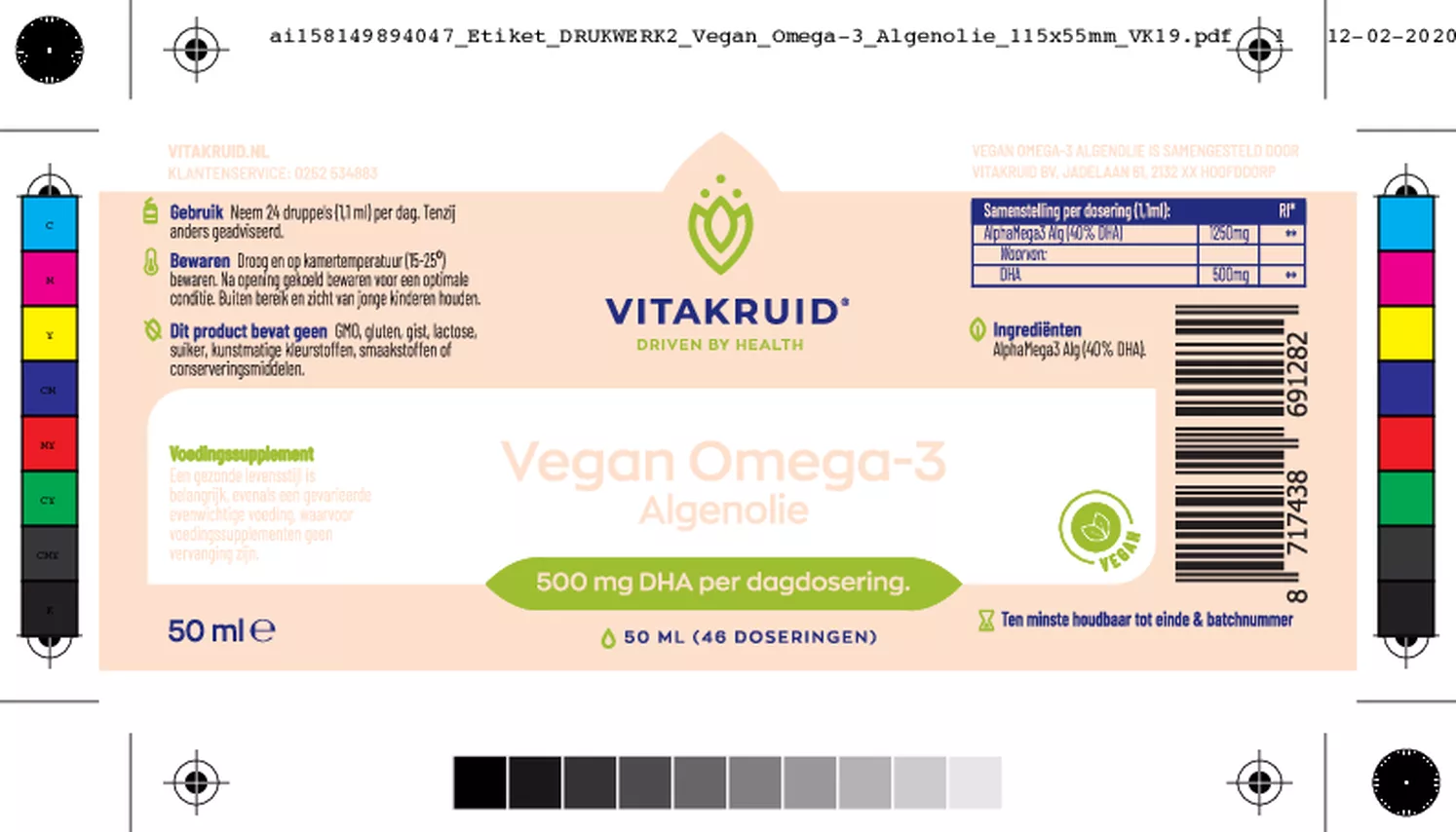 Vegan Omega 3 Algenolie 1250 Tryglyceriden 500 DHA afbeelding van document #2, etiket