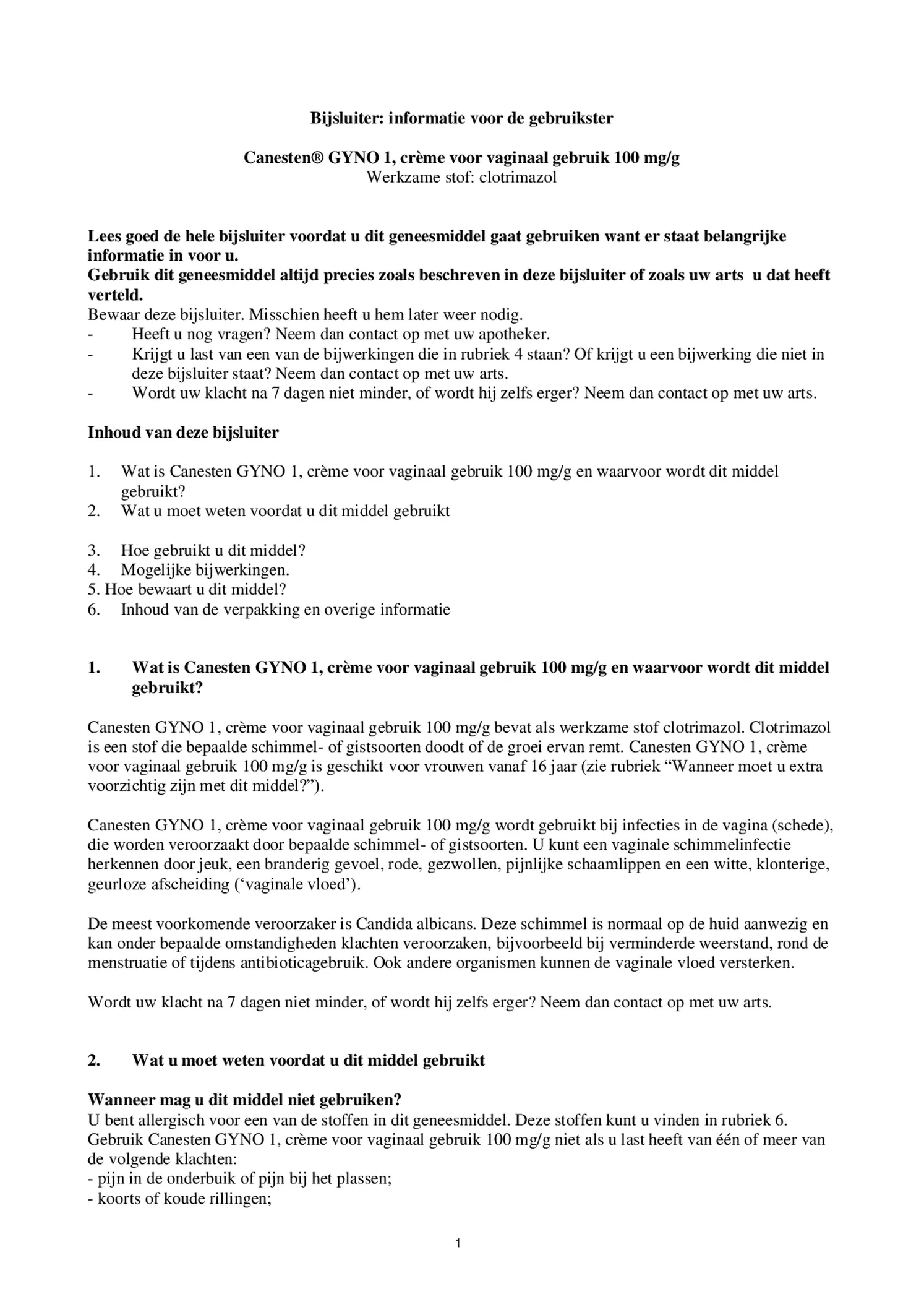 Canesten GYNO 1 Daagse Crème afbeelding van document #1, bijsluiter