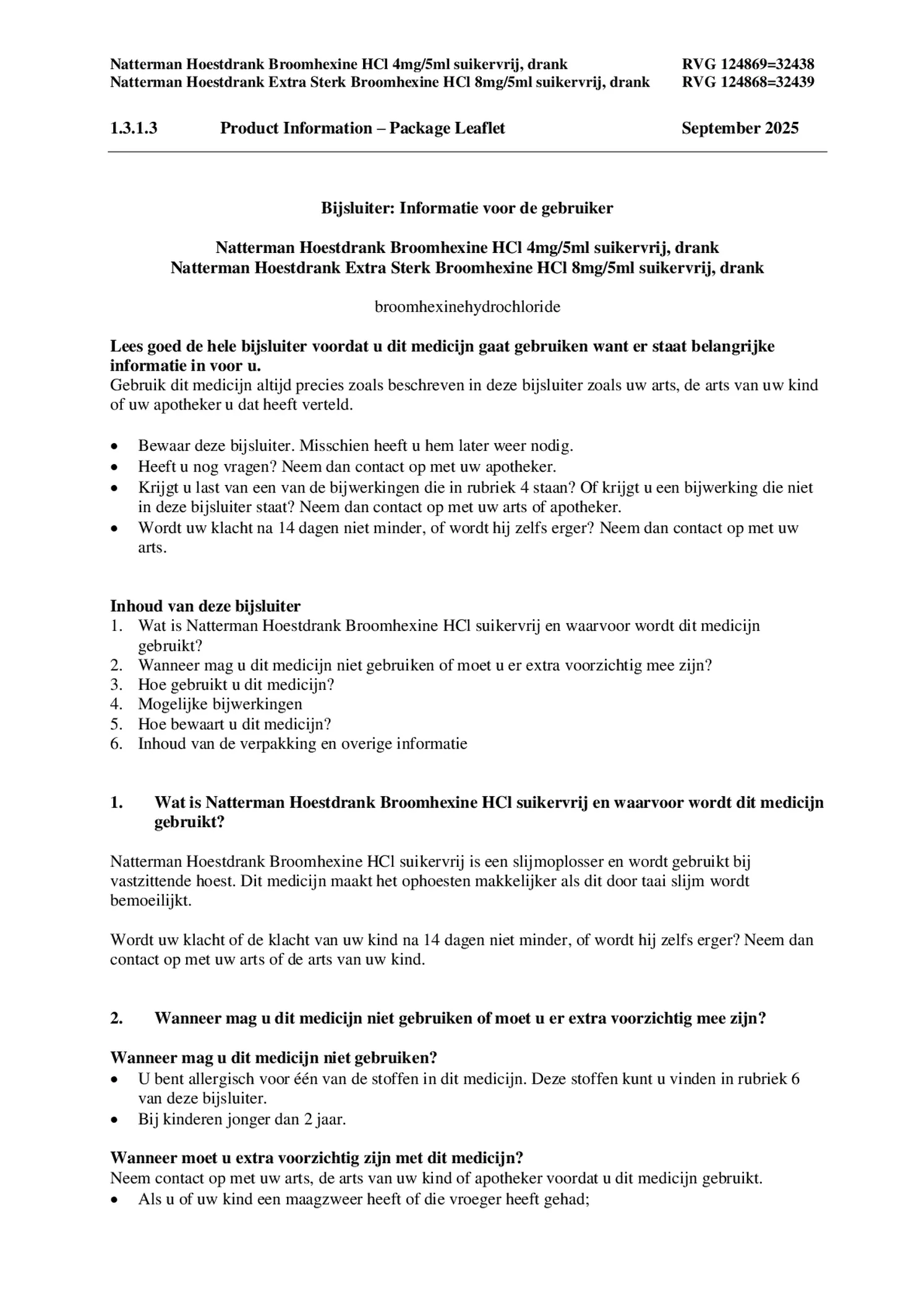 Broomhexine Hoestdrank Extra Sterk Broomhexine HCI 8mg/5ml - Suikervij afbeelding van document #1, bijsluiter