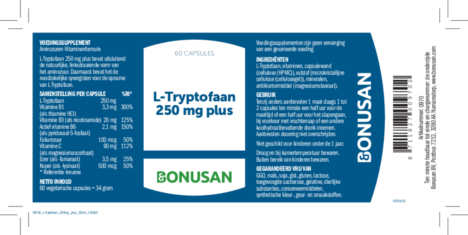 L-Tryptofaan 250 mg Plus Capsules afbeelding van document #1, etiket