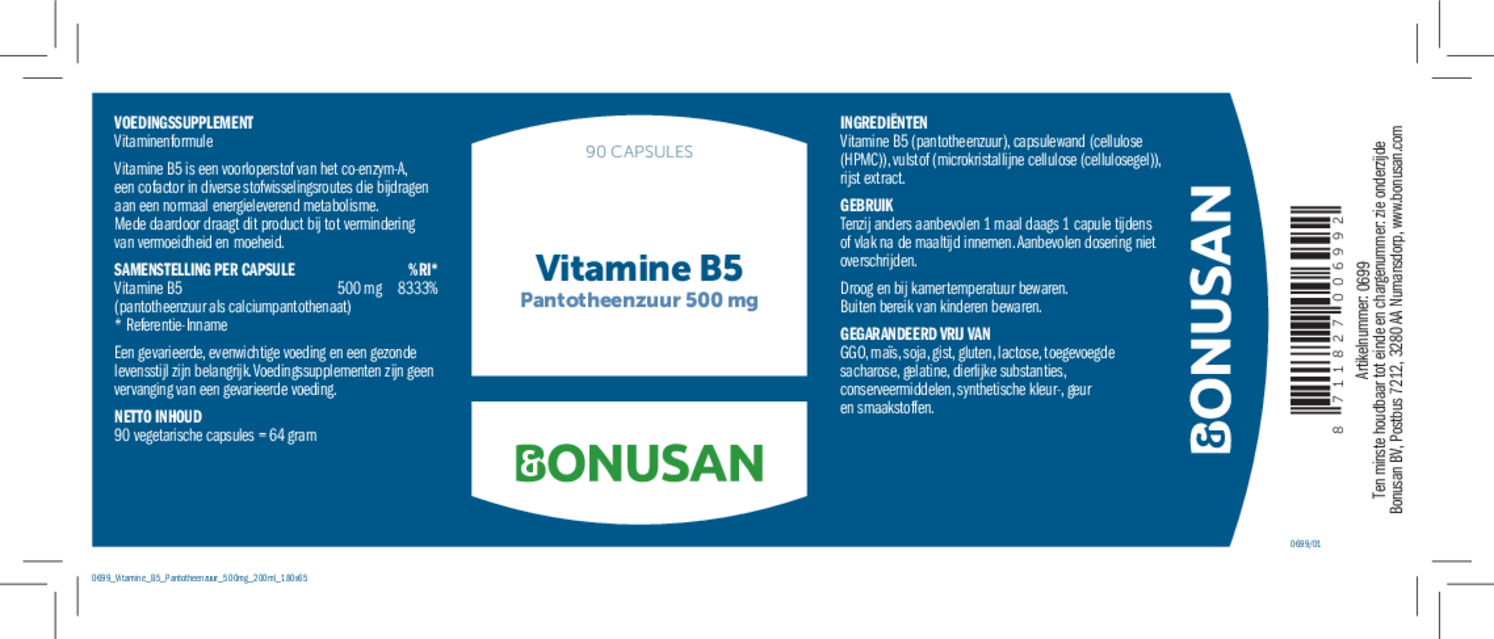 Vitamine B5 Pantotheenzuur 500mg Capsules afbeelding van document #1, etiket