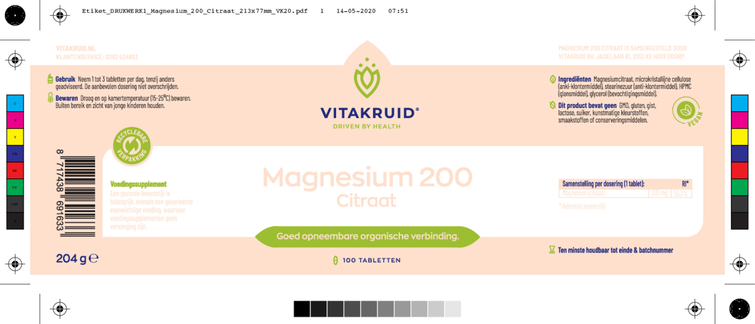 Magnesium 200 Citraat Tabletten afbeelding van document #1, etiket