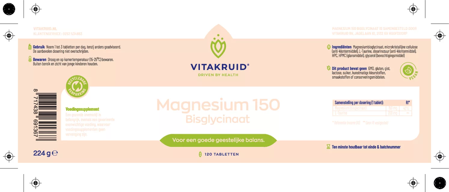 Magnesium 150 Bisglycinaat met 200mg L-Taurine afbeelding van document #1, etiket