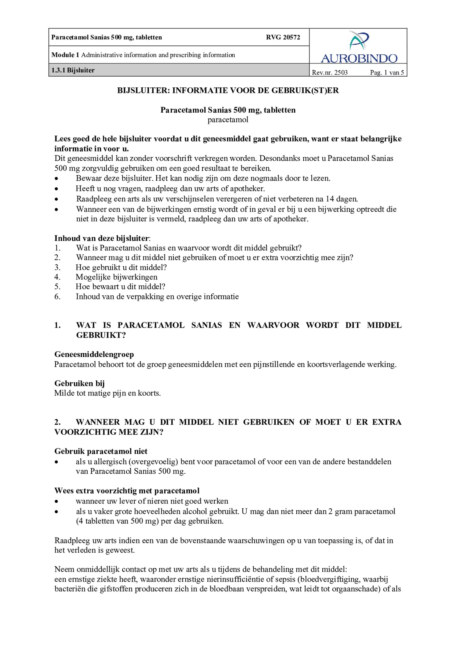 Paracetamol 500mg Tabletten afbeelding van document #1, bijsluiter