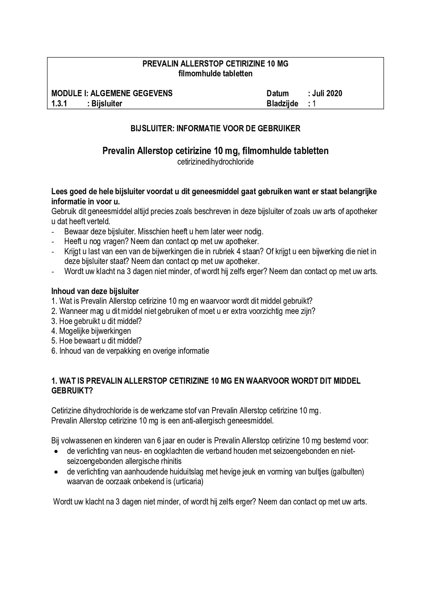 Allerstop Cetirzine 10mg Hooikoorts Tabletten afbeelding van document #1, bijsluiter