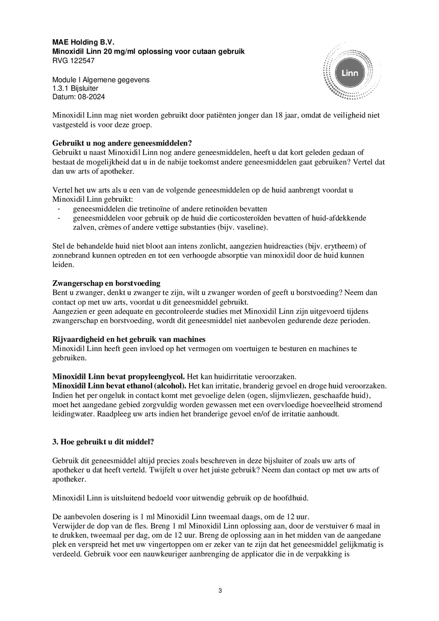 Minoxidil Linn 20 mg/ml oplossing afbeelding van document #3, bijsluiter