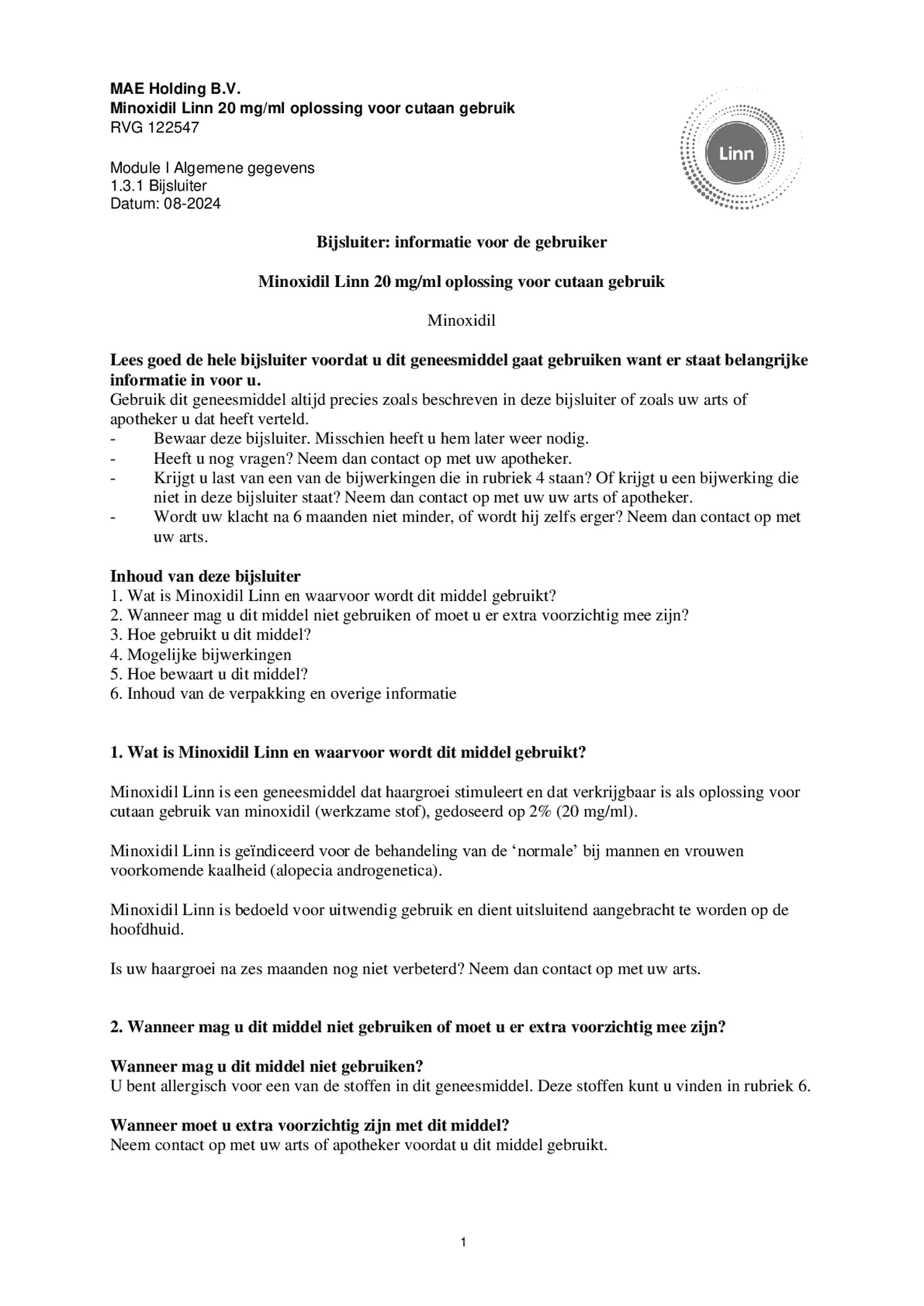 Minoxidil Linn 20 mg/ml oplossing afbeelding van document #1, bijsluiter
