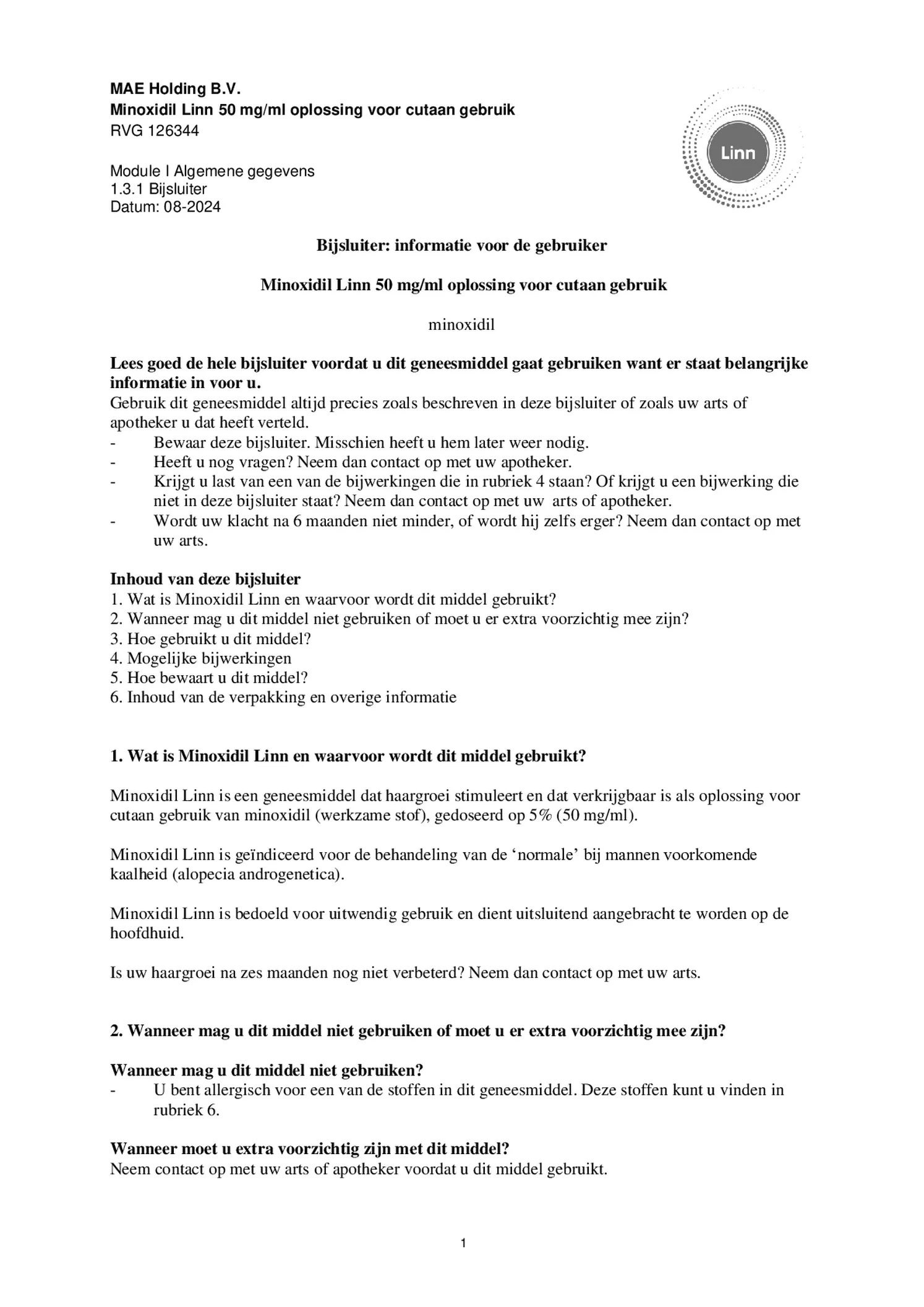 Minoxidil Linn 50 mg/ml oplossing afbeelding van document #1, bijsluiter