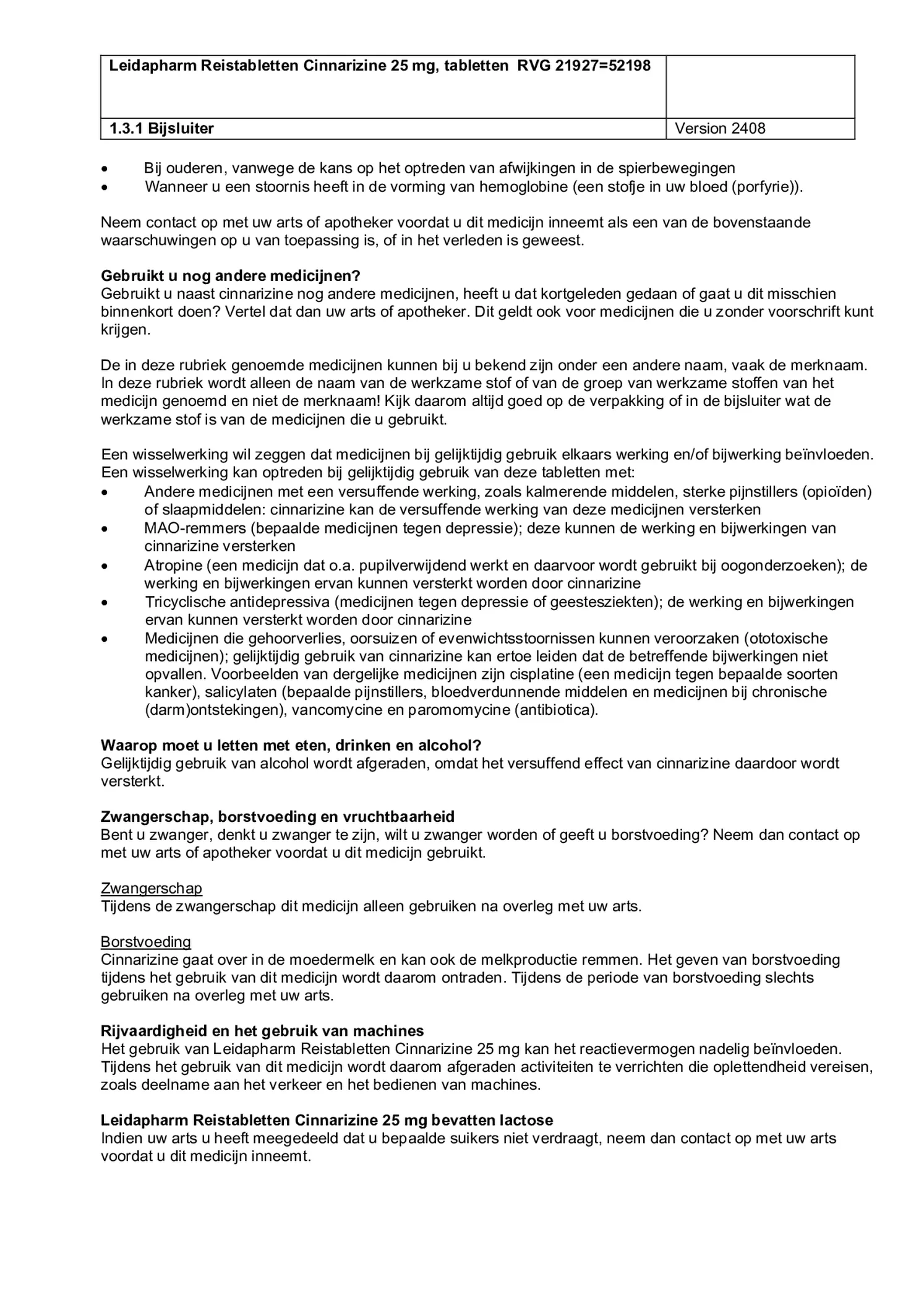 Reistabletten Cinnarizine 25 mg Tabletten afbeelding van document #2, bijsluiter