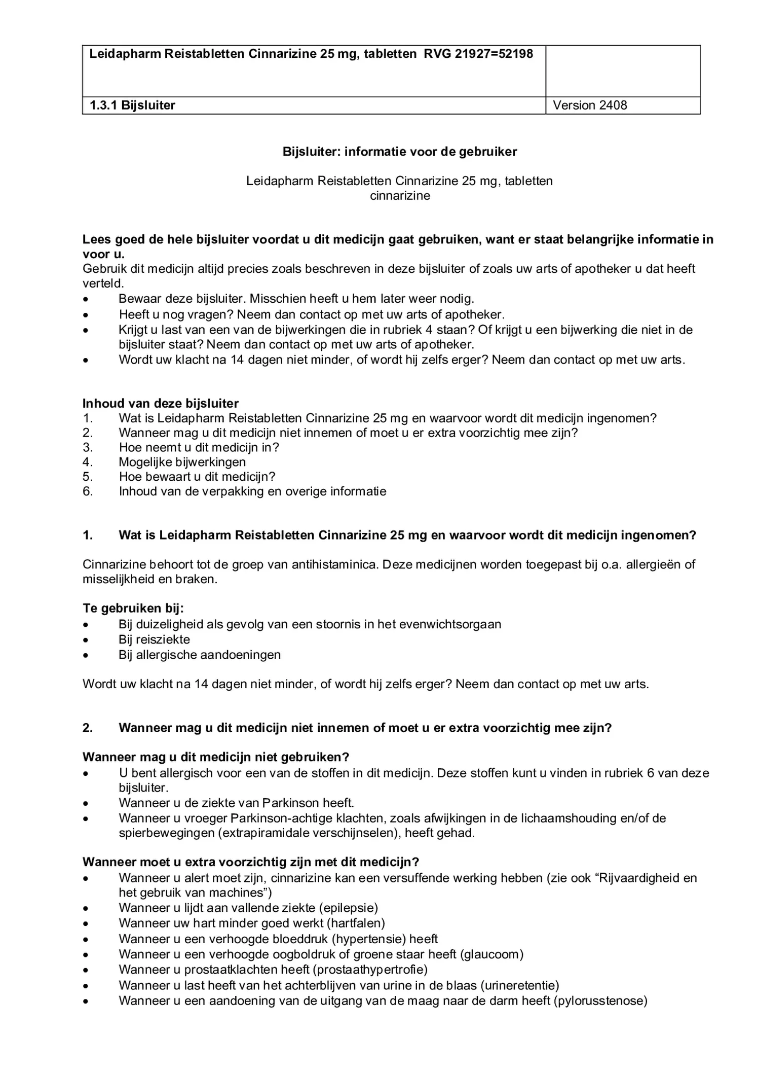 Reistabletten Cinnarizine 25 mg Tabletten afbeelding van document #1, bijsluiter