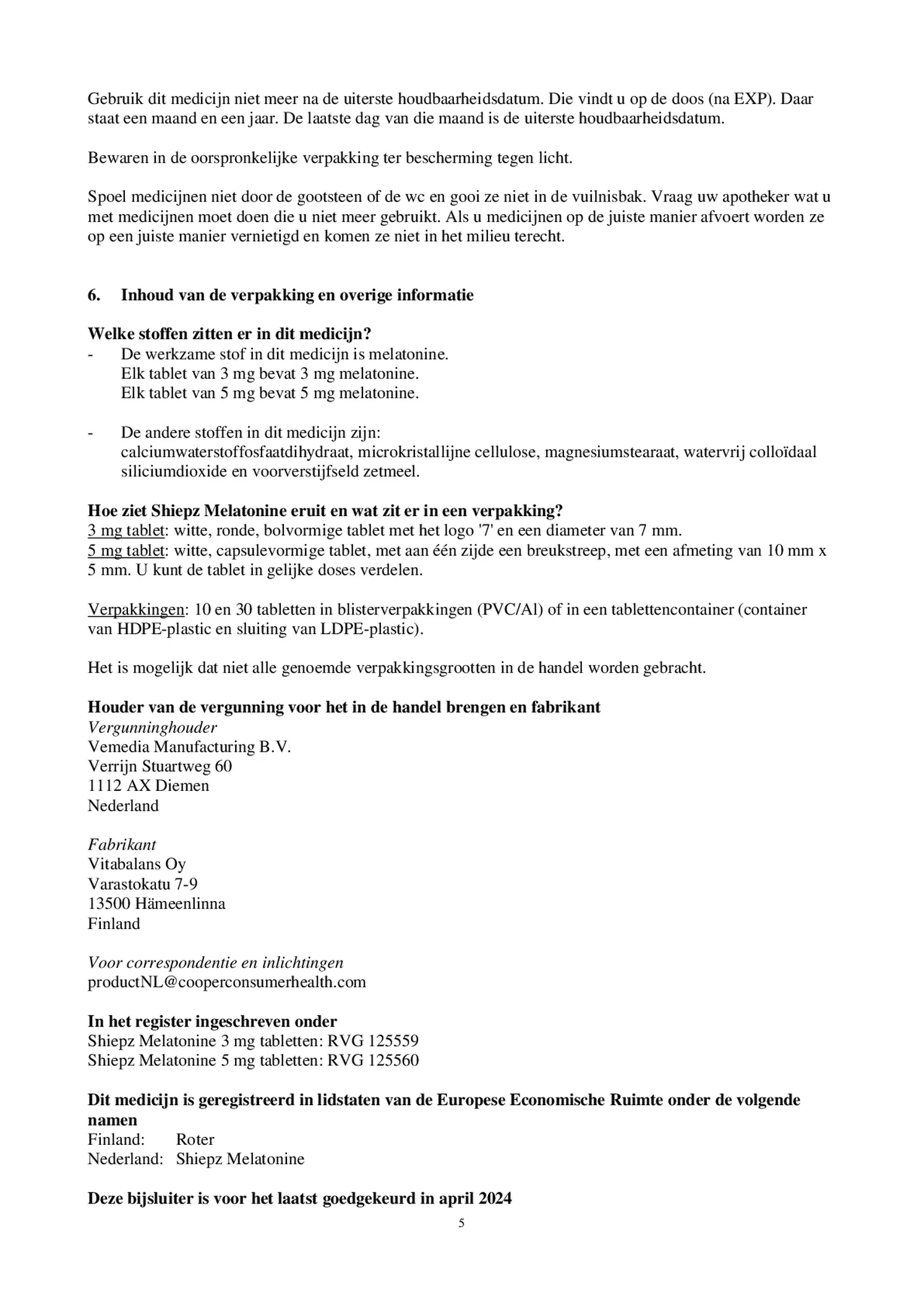 Melatonine 5 mg Tabletten afbeelding van document #5, bijsluiter