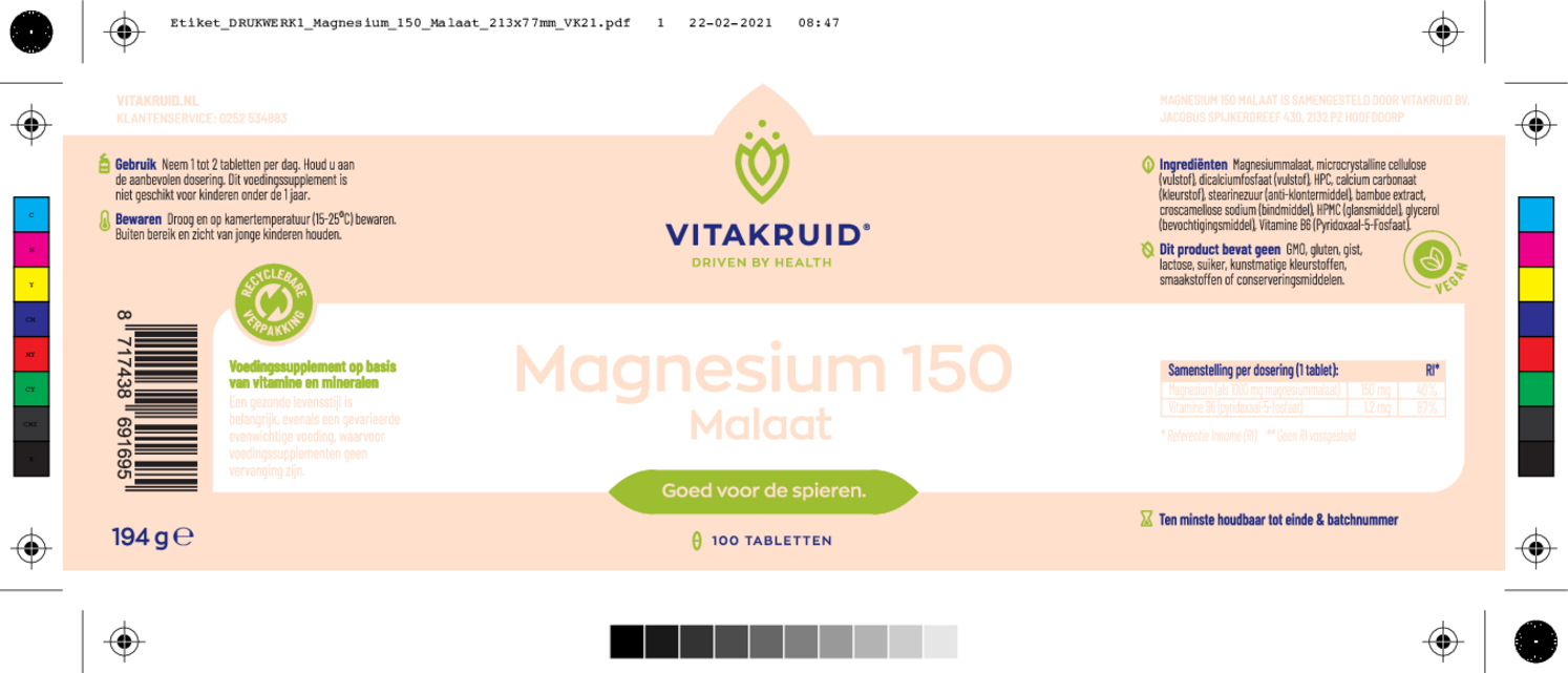 Magnesium 150 Malaat Tabletten afbeelding van document #1, etiket