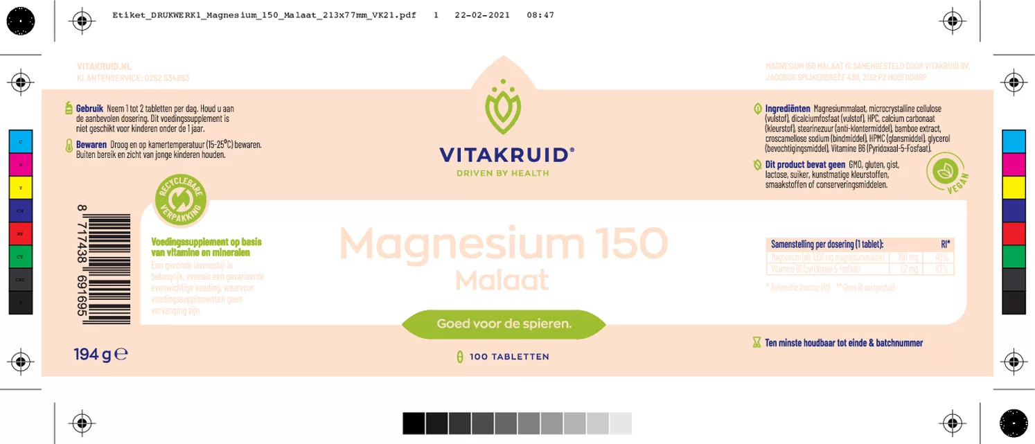 Magnesium 150 Malaat met Vitamine B6 (P-5-P) afbeelding van document #1, etiket