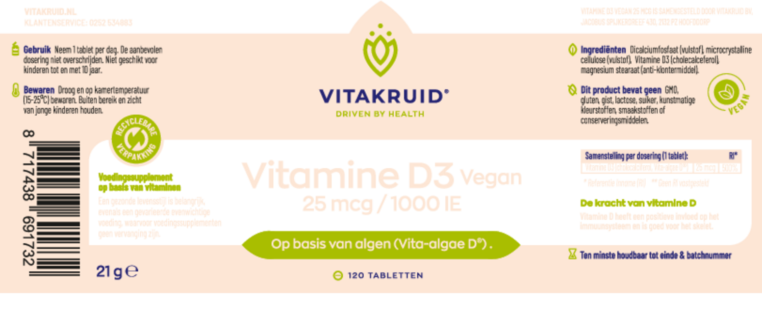 Vitamine D3 Vegan 25 Mcg Tabletten afbeelding van document #1, etiket
