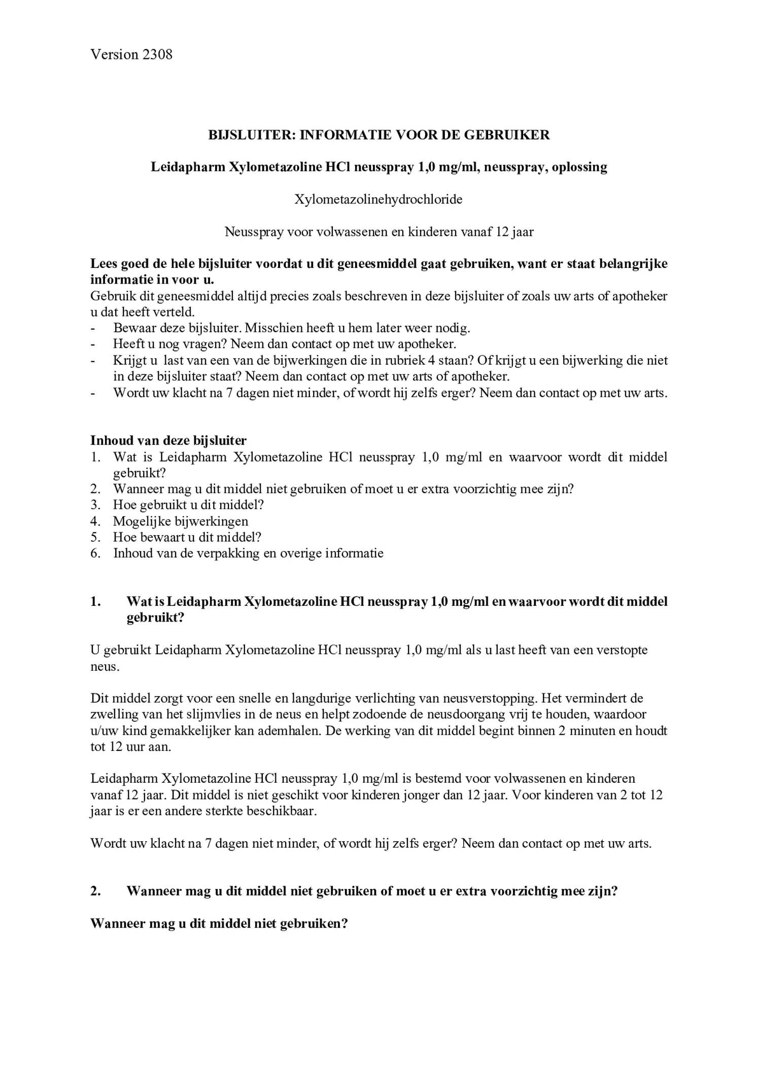 Neusspray Xylometazoline HCl 1 mg/ml afbeelding van document #1, bijsluiter
