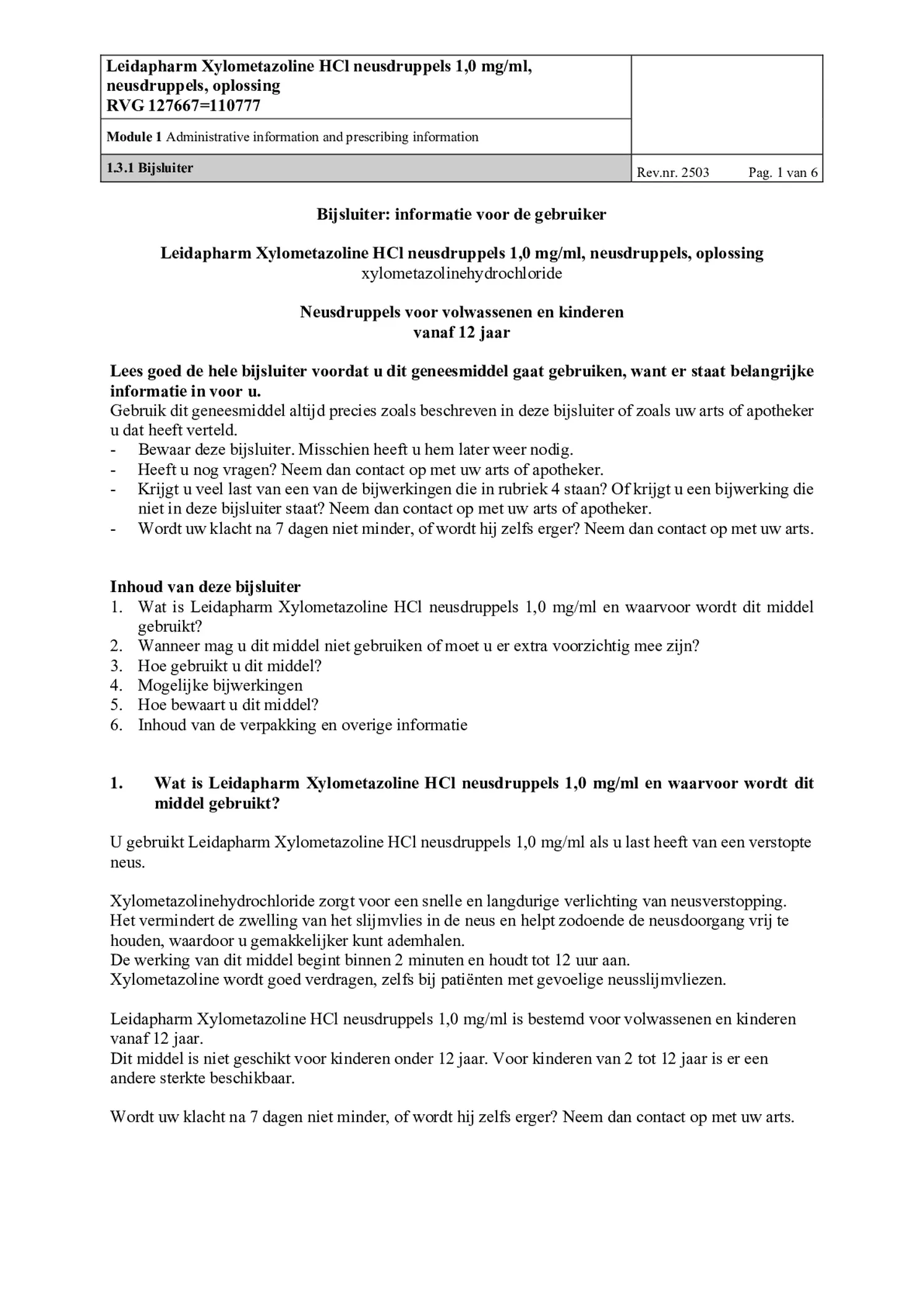 Neusdruppels Xylometazoline HCl 1 mg/ml afbeelding van document #1, bijsluiter