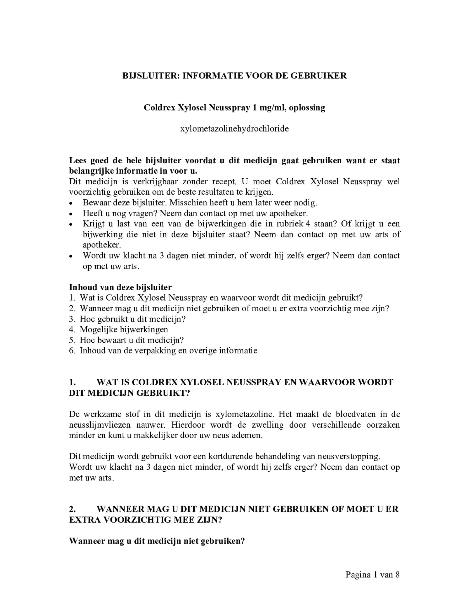 Neusspray Xylosel 1mg/ml - xylometazoline neusspray bij neusverkoudheid afbeelding van document #1, bijsluiter