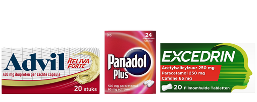 Pijnstillers van Advil, Excedrin, Panadol en Voltaren