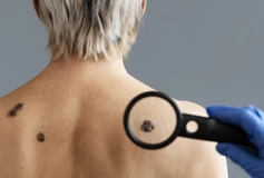 Hand met handschoen die vergrootglas vasthoudt op actinische keratose