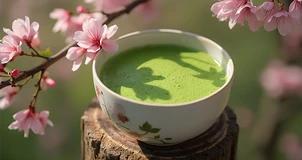 Een kopje matcha met een kersenbloesem.