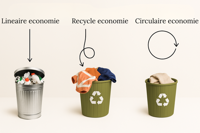 Drie prullenbakken tonen verschil tussen lineaire, recycle- en circulaire economie aan de hand van afval en kleding.