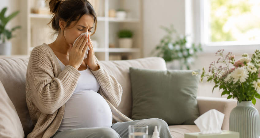 Zwanger en hooikoorts: vrouw met allergische klachten zoals niezen en verstopte neus op de bank thuis Zwanger en hooikoorts: vrouw met allergische klachten zoals niezen en verstopte neus op de bank thuis