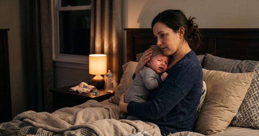 Ouder troost baby met verstopte neus tijdens verkoudheid Ouder troost baby met verstopte neus tijdens verkoudheid