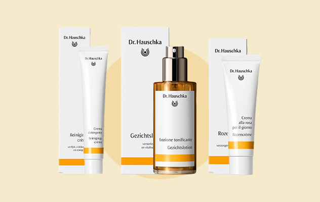 gezichtsverzorging van dr hauschka, witte verpakking met gele streep gezichtsverzorging van dr hauschka, witte verpakking met gele streep