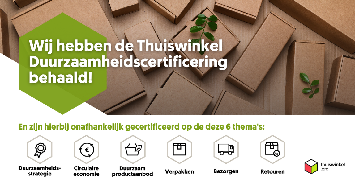 Logo Thuiswinkel Duurzaamheidscertificering - getoetst op 6 duurzaamheidsthema's Logo Thuiswinkel Duurzaamheidscertificering - getoetst op 6 duurzaamheidsthema's