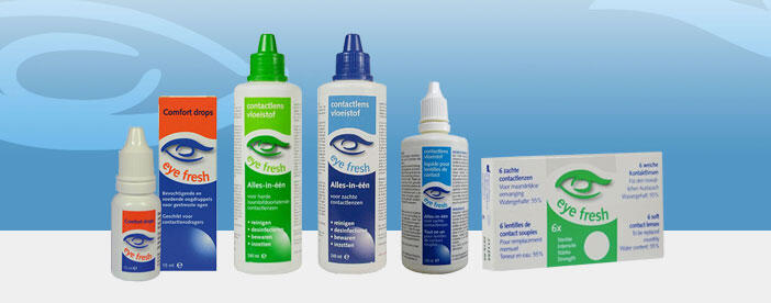 de producten van Eye Fresh op een rijtje, lenzenvloeistoffen en lenzen