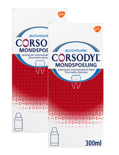 Corsodyl Mondspoeling - voor kortdurende toepassing bij tandvleesontsteking - duoverpakking 2x300ML Corsodyl Mondspoeling - voor kortdurende toepassing bij tandvleesontsteking - duoverpakking 2x300ML