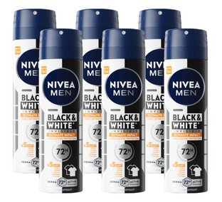 Nivea Men Black & White Invisible Ultimate Impact Deodorant Spray Voordeelverpakking 6x150ML Nivea Men Black & White Invisible Ultimate Impact Deodorant Spray Voordeelverpakking 6x150ML