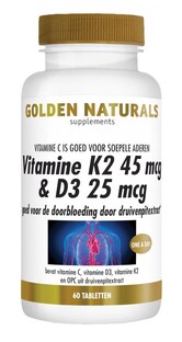 Golden Naturals Vitamine K2 45mcg & D3 25mcg Tabletten 60VTB Golden Naturals Vitamine K2 45mcg & D3 25mcg Tabletten 60VTB