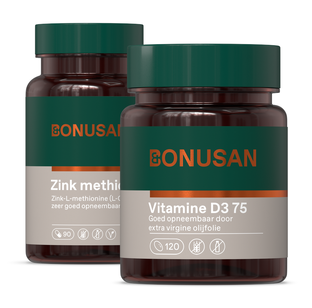 Bonusan Zink methionine Capsules + Vitamine D3 75 Softgels - Combiset 2 Stuks Bonusan Zink methionine Capsules + Vitamine D3 75 Softgels - Combiset 2 Stuks