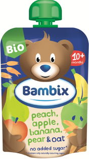 Bambix Bio Knijpzakje Appel, Perzik, Banaan, Peer en Haver 10+ 100GR Bambix Bio Knijpzakje Appel, Perzik, Banaan, Peer en Haver 10+ 100GR