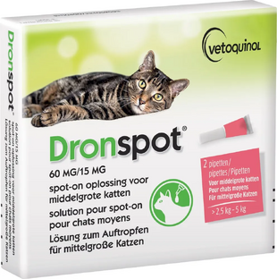 Dronspot 60mg/15mg Spot-on Oplossing Voor Middelgrote Katten Pipet 2ST 