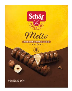Schar Melto Melkchocolade Hazelnoot Repen 90GR Schar Melto Melkchocolade Hazelnoot Repen 90GR