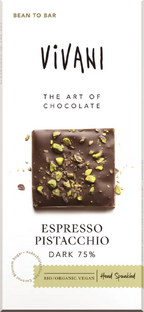 Vivani Chocoladereep Puur 75% Cacao Espresso Pistacchio 80GR Vivani Chocoladereep Puur 75% Cacao Espresso Pistacchio 80GR