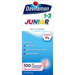 De Online Drogist Davitamon Junior 1-3 Vloeibare Vitamines Framboos 100ML aanbieding