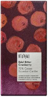 Vivani Chocoladereep Puur met Cranberry 100GR