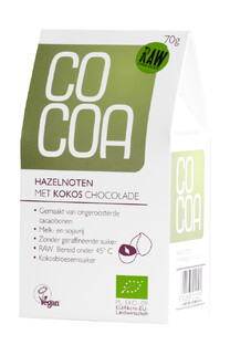 Cocoa Hazelnoten met Kokos Chocolade RAW 70GR Cocoa Hazelnoten met Kokos Chocolade RAW 70GR