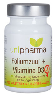 Unipharma Foliumzuur + Vitamine D3 Tabletten 120TB Unipharma Foliumzuur + Vitamine D3 Tabletten 120TB